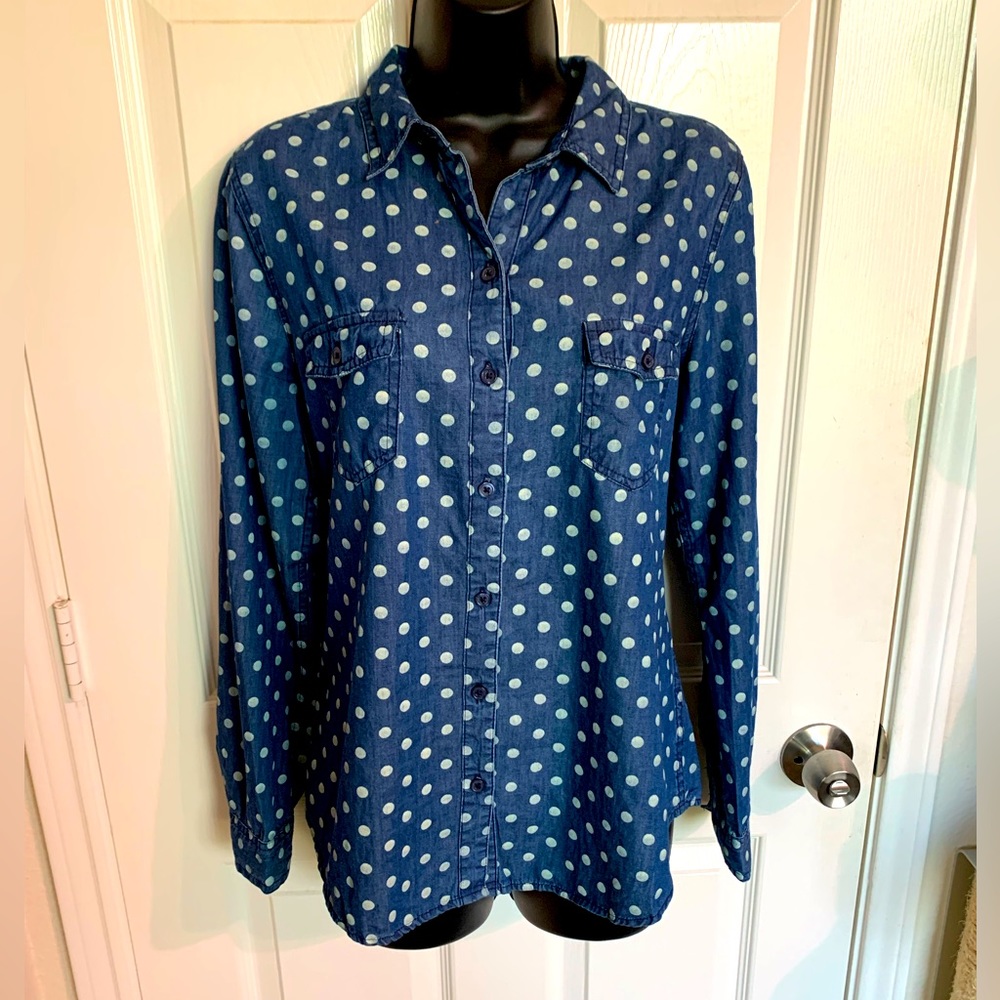 Polka dot chambray button up shirt